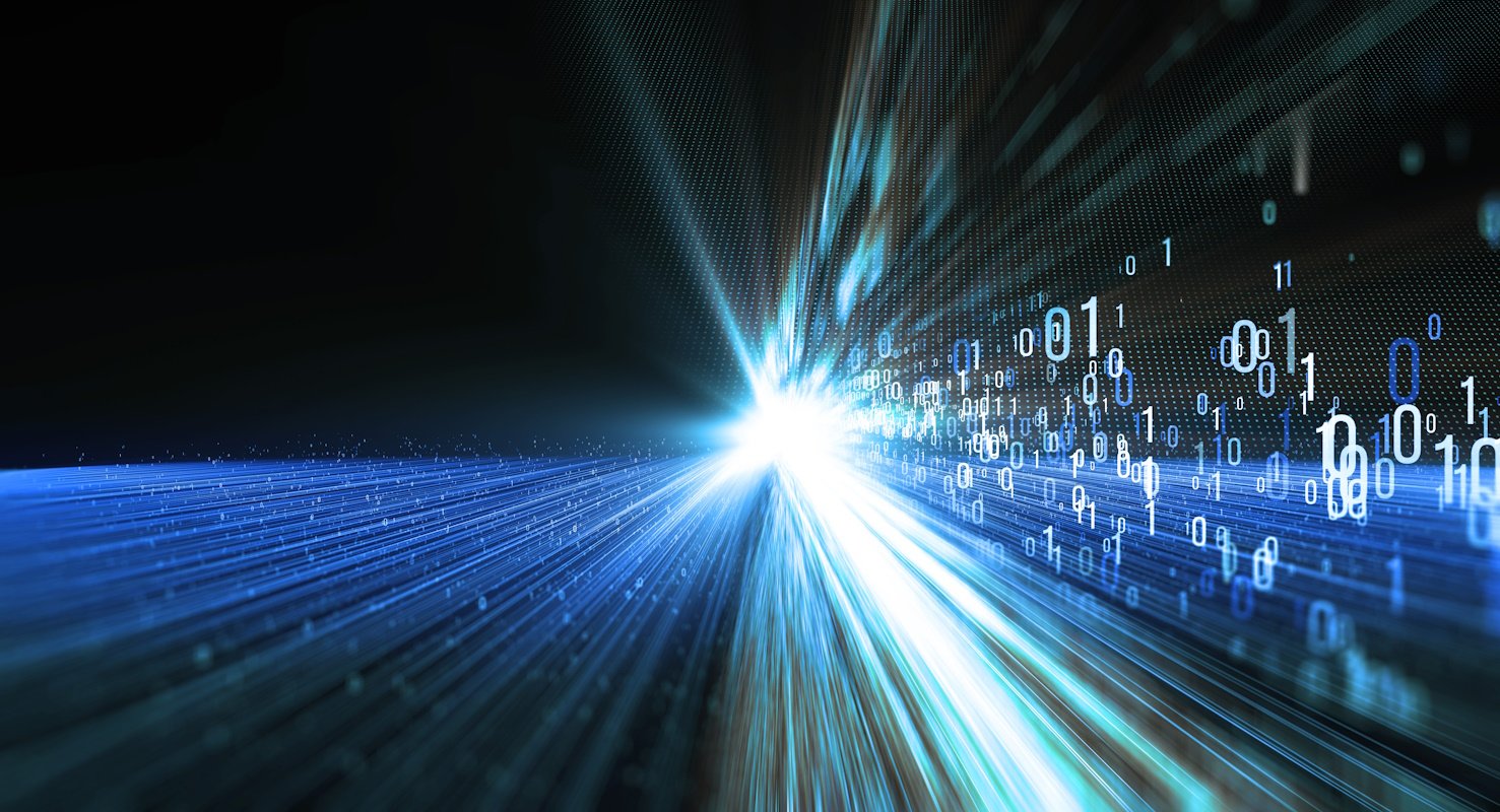  Futuristic visualisation of high-speed digital data transfer, featuring a stream of glowing blue binary code traveling through a dark tunnel-like space.
